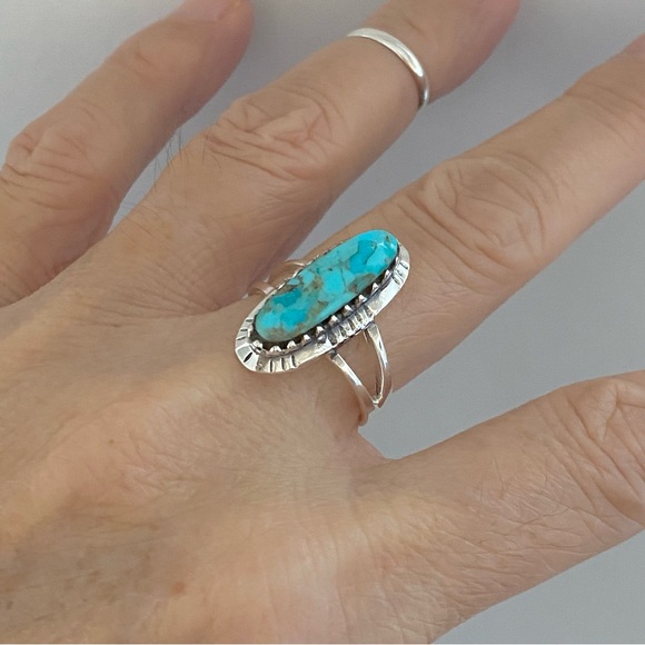 Sterling Silver Oval Genuine Turquoise Ring with Shank, Boho Ring, Silver Rings - Picture 10 of 13